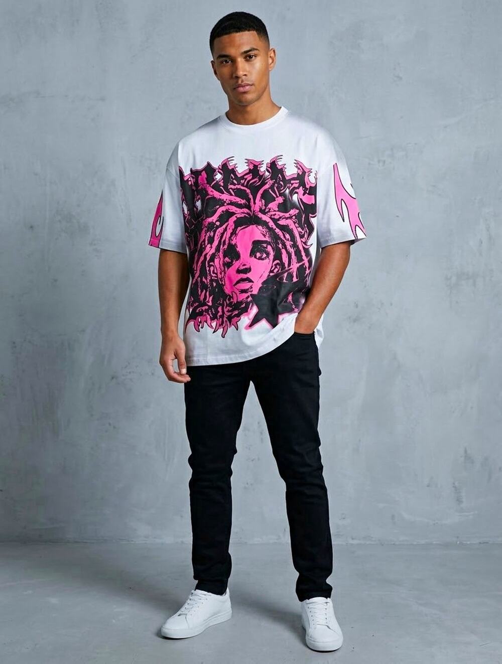 boohooMAN Mens Medium Oversized Boxy Graffiti Graphic Washed T-Shirt Pink NWT